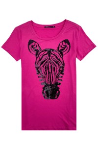 設計女裝T恤珠片斑馬logo     訂製玫紅色純色T恤      夏季圓領短袖T恤   黑色絨布   動物圖案設計  T恤訂做 時尚洋氣T恤    T恤生產商   T1105
